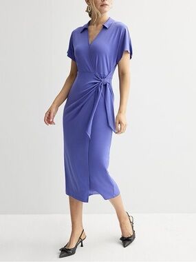 Purple Faux Wrap Tie Waist Collared Midi Dress